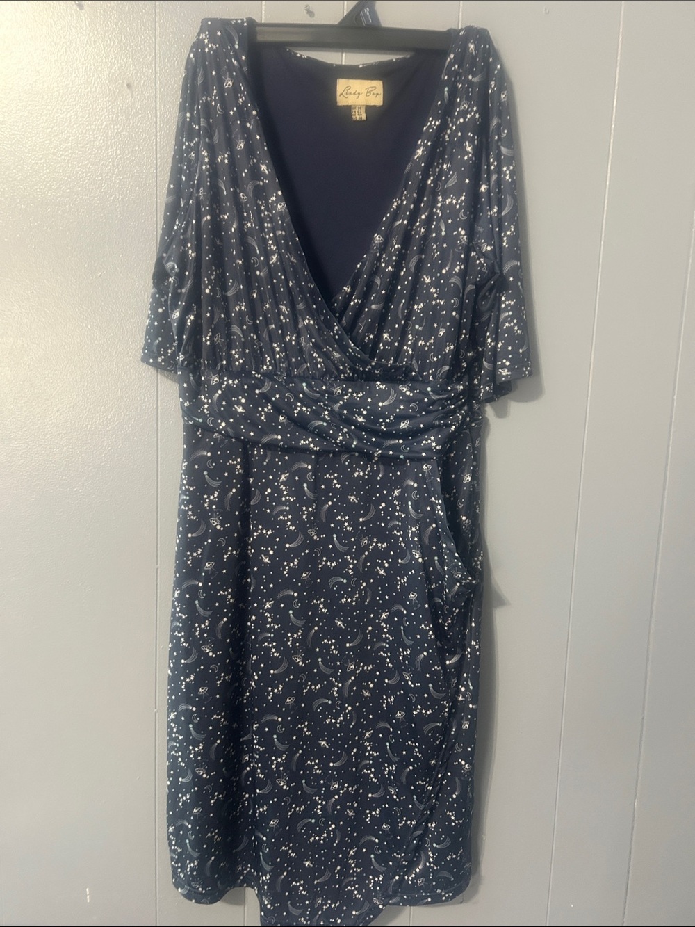 Lindy Bop Navy Midi Wrap Dress with White Star & Crescent Print